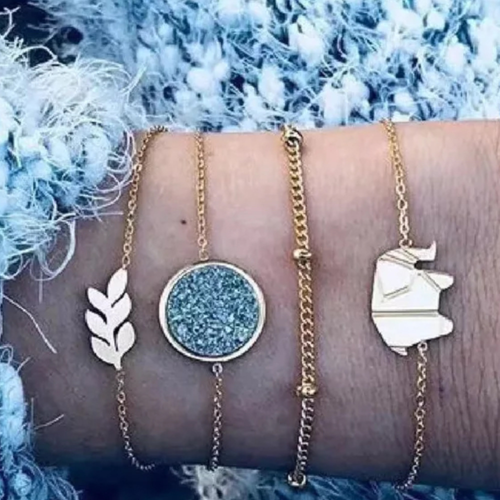 Elephant Bracelets with Diamond Inlay Alloy Leaves, Metal Bead Chain, Adjustable Charm for Women and Girls Extensioned Chains, Set of 4 pieces/batch