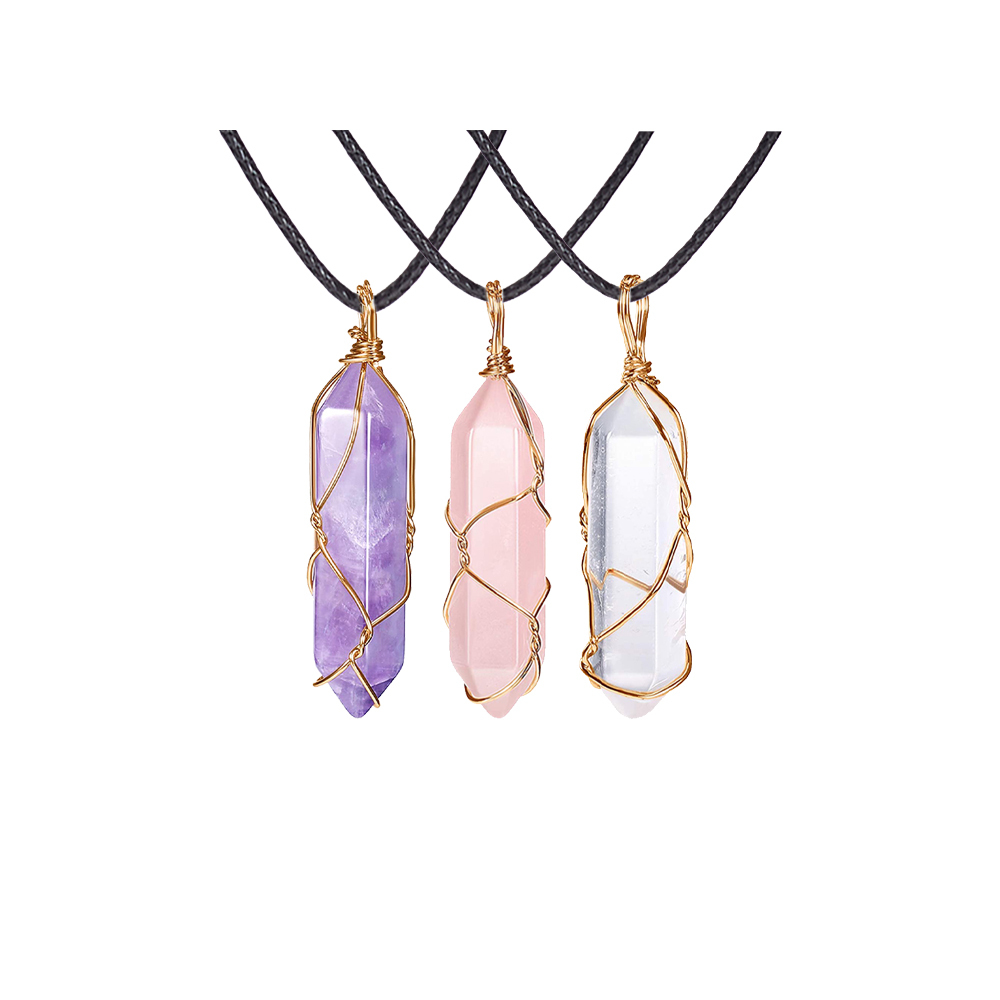 Hexagonal Crystal Pointed Quartz Pendants Natural Healing Crystal Necklaces Reiki Chakra Charm Pendant Necklace with Tree Wire Wrapped Gemstone Pendan