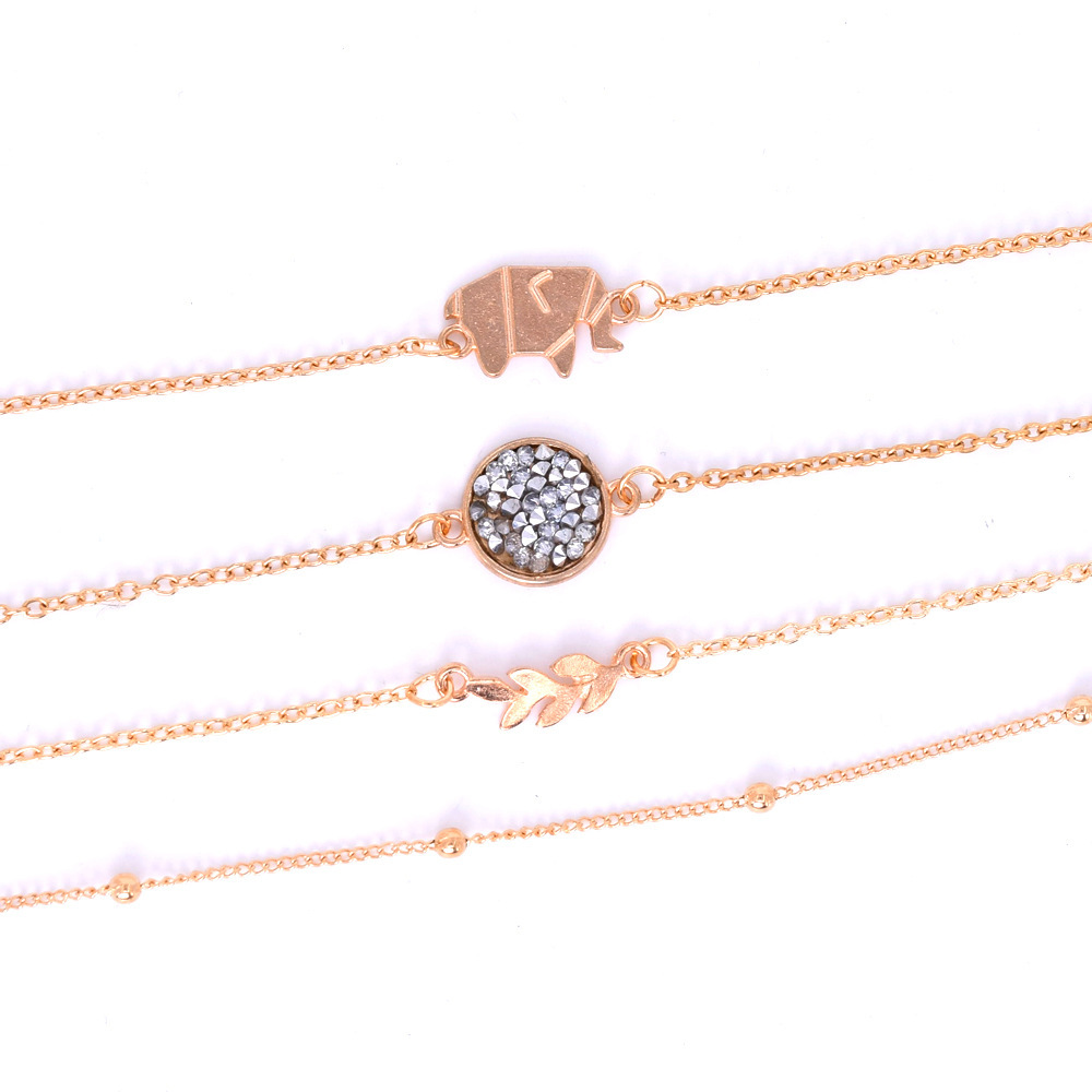 Elephant Bracelets with Diamond Inlay Alloy Leaves, Metal Bead Chain, Adjustable Charm for Women and Girls Extensioned Chains, Set of 4 pieces/batch