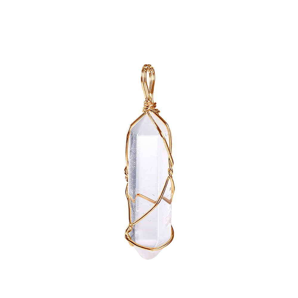 Hexagonal Crystal Pointed Quartz Pendants Natural Healing Crystal Necklaces Reiki Chakra Charm Pendant Necklace with Tree Wire Wrapped Gemstone Pendan