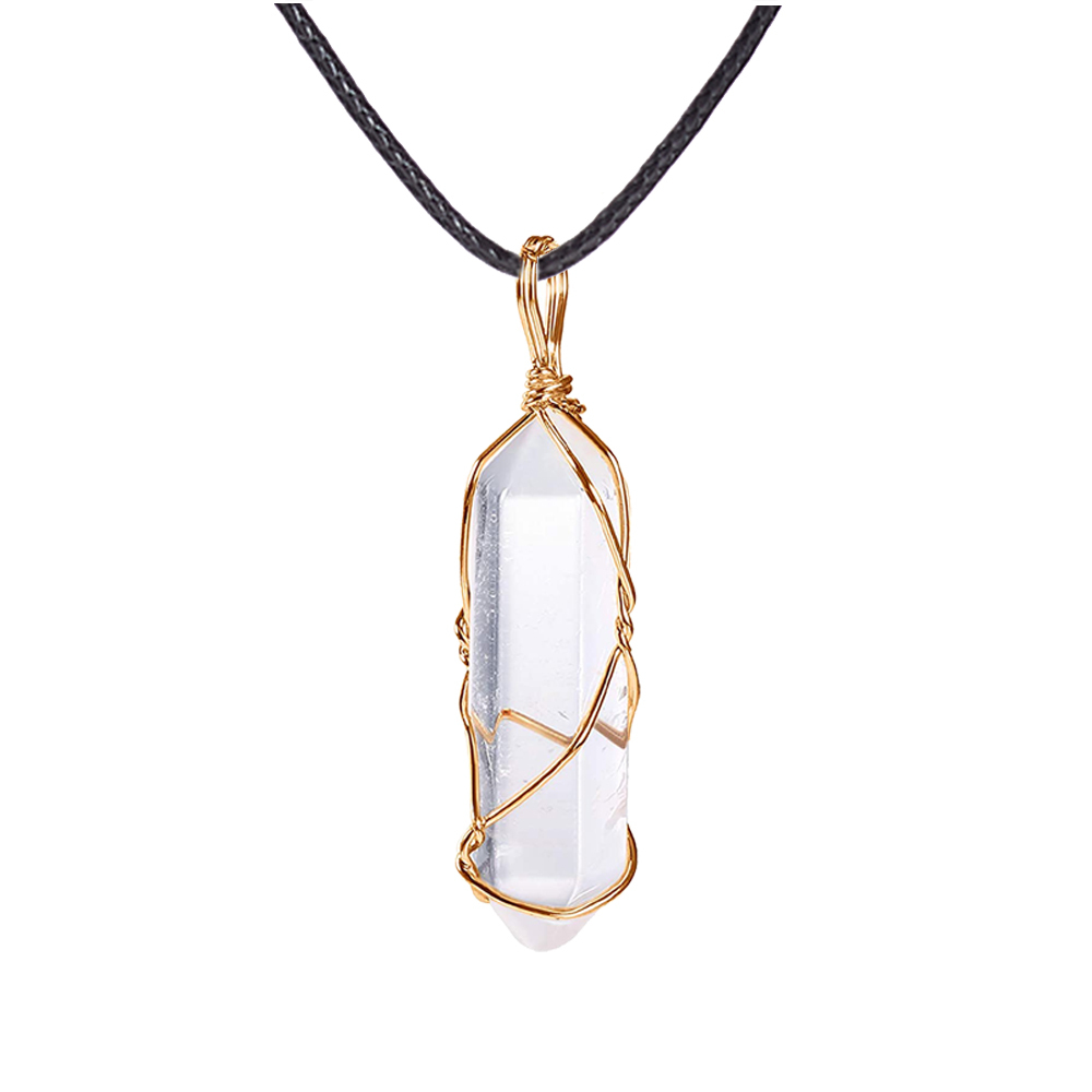 Hexagonal Crystal Pointed Quartz Pendants Natural Healing Crystal Necklaces Reiki Chakra Charm Pendant Necklace with Tree Wire Wrapped Gemstone Pendan