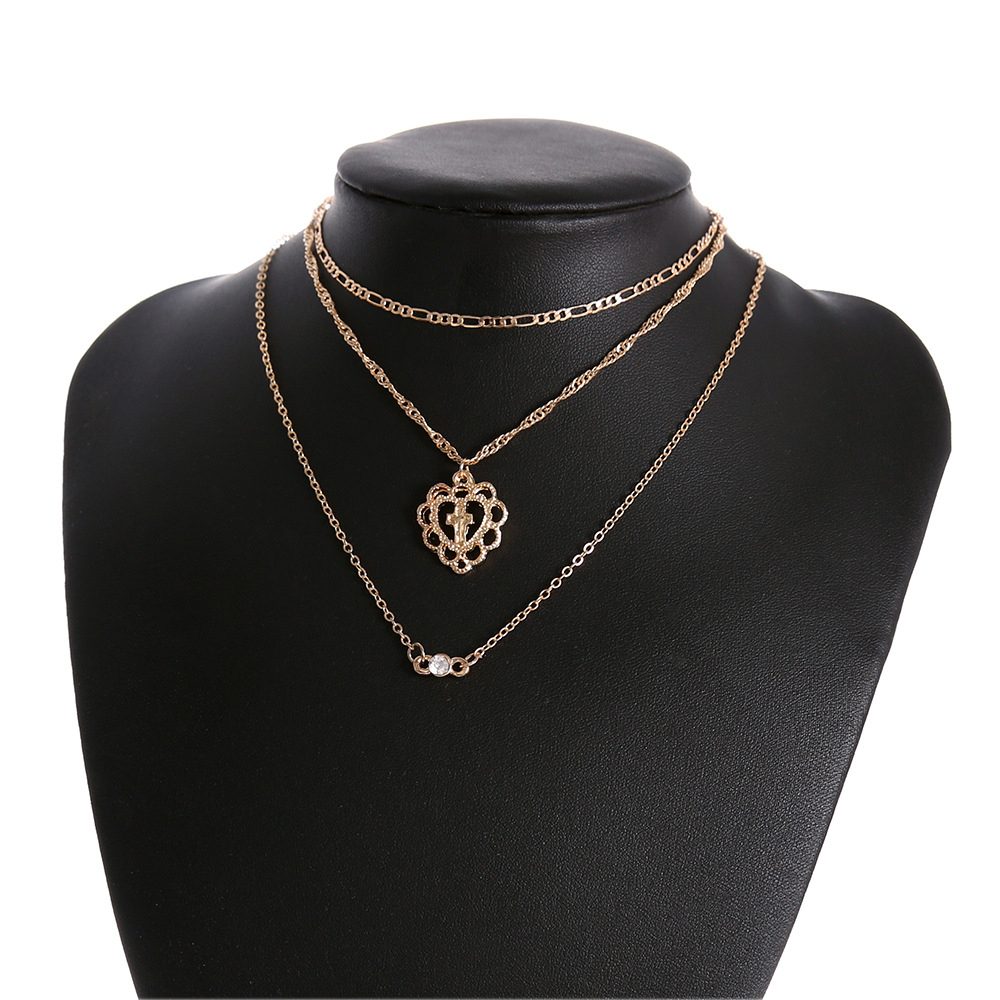 Vintage layered multi-element cross with heart diamond pendant necklace for her romantic gift