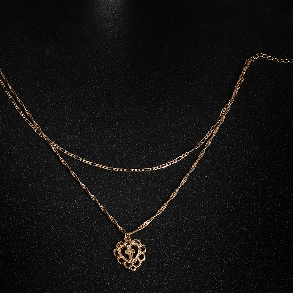 Vintage layered multi-element cross with heart diamond pendant necklace for her romantic gift