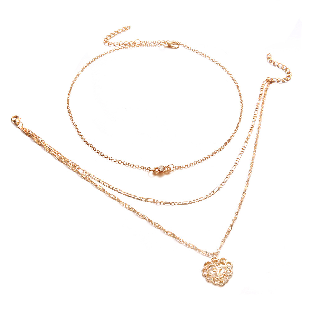 Vintage layered multi-element cross with heart diamond pendant necklace for her romantic gift