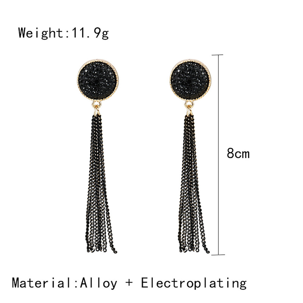 Retro long tassel exaggerated chain black diamond stud earrings