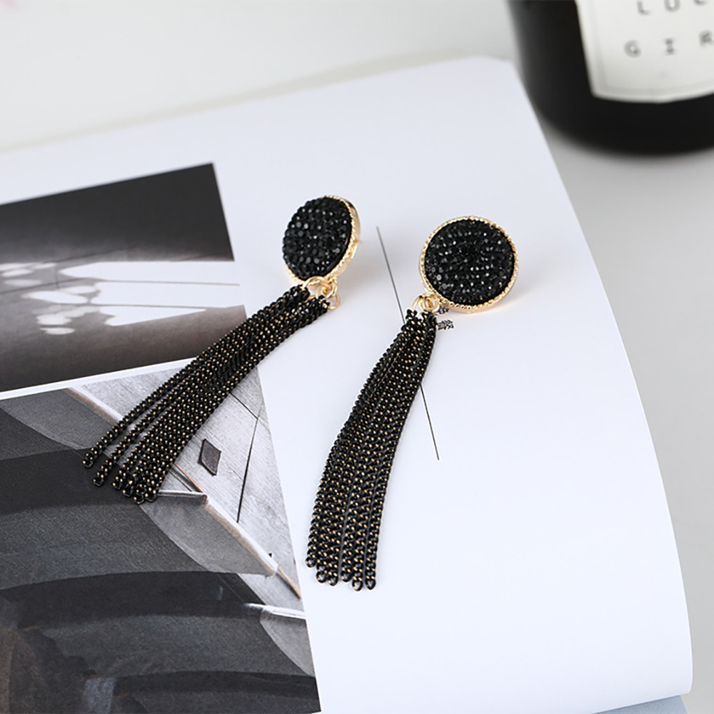 Retro long tassel exaggerated chain black diamond stud earrings