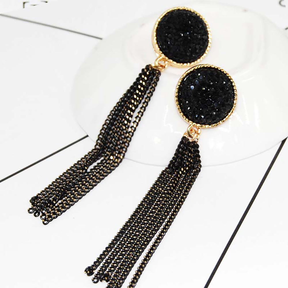 Retro long tassel exaggerated chain black diamond stud earrings