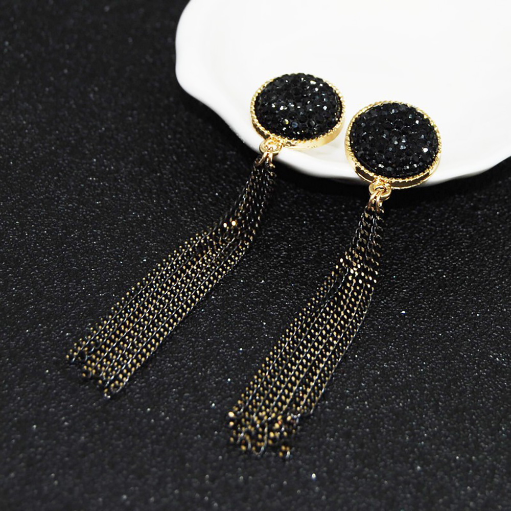Retro long tassel exaggerated chain black diamond stud earrings