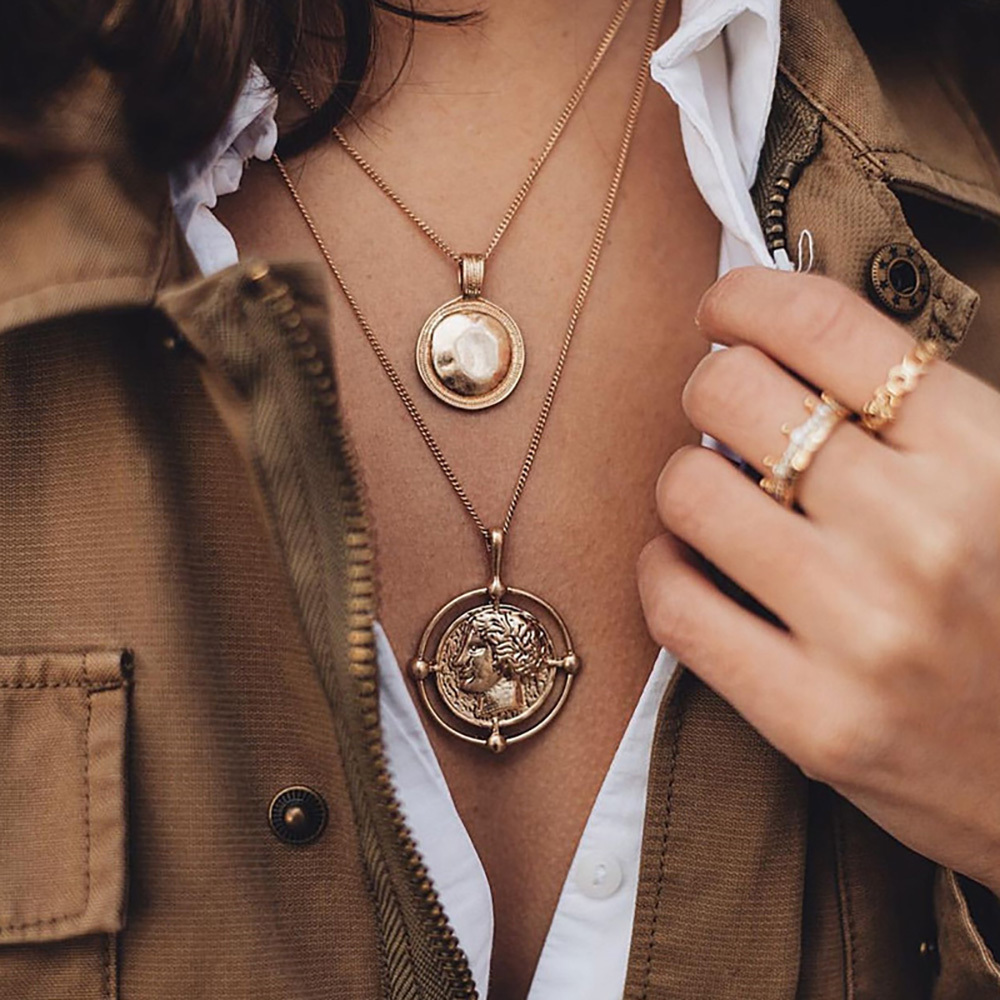 Vintage gold coin necklace with double pendant necklace