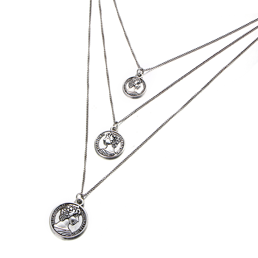 Multi-layer vintage metal necklace, collarbone chain, head coin, three-tier pendant necklace