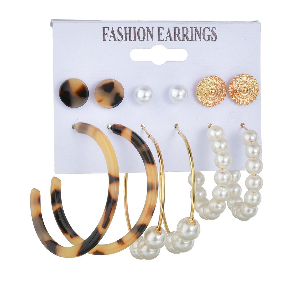 Hand-stitched C-shape acetate plate leopard print combination earrings set