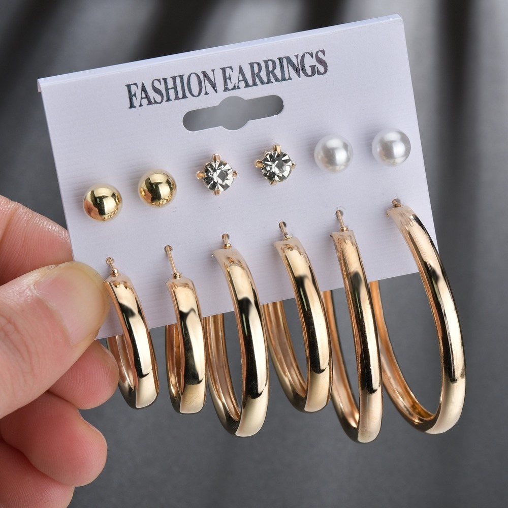 Exaggerated large circle earrings 6 piece stud earring set with pearl and diamond earrings