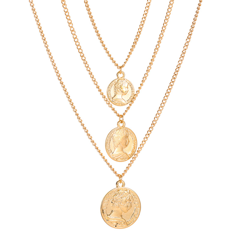 Multi-layer vintage metal necklace, collarbone chain, head coin, three-tier pendant necklace