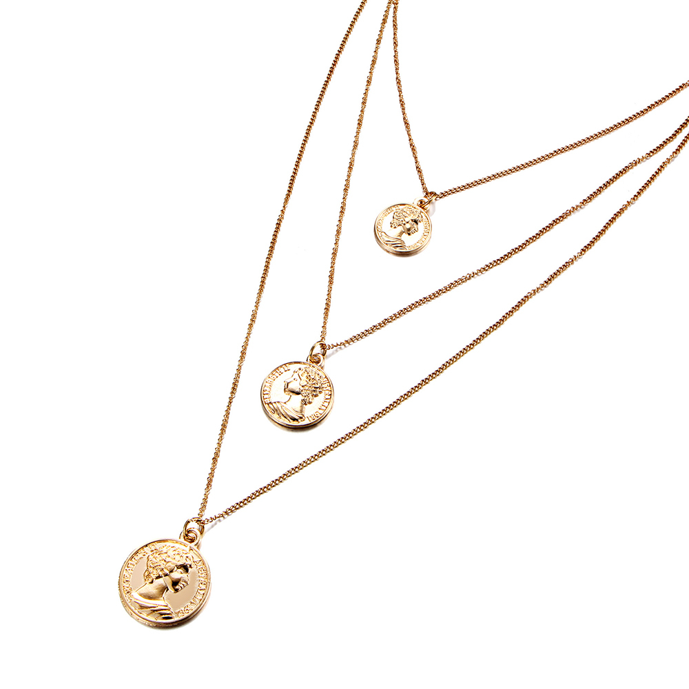 Multi-layer vintage metal necklace, collarbone chain, head coin, three-tier pendant necklace