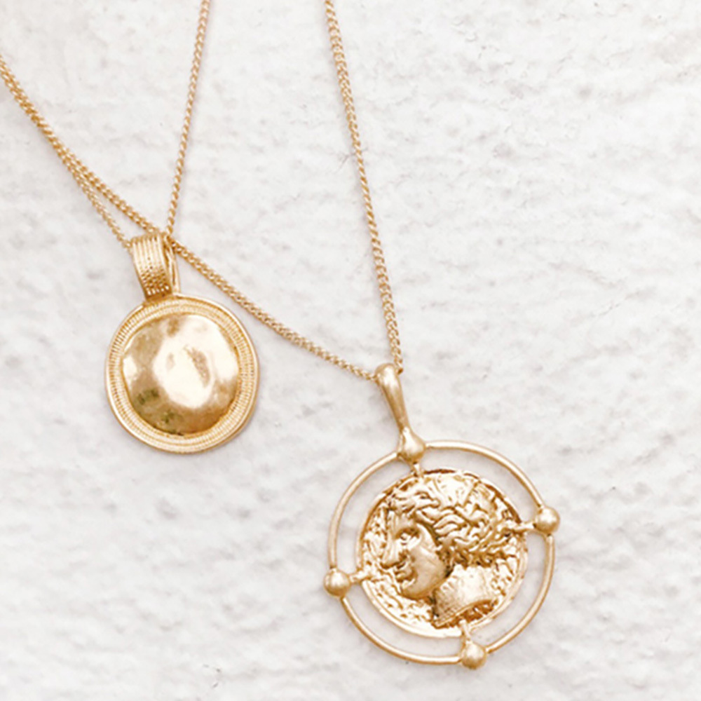 Vintage gold coin necklace with double pendant necklace