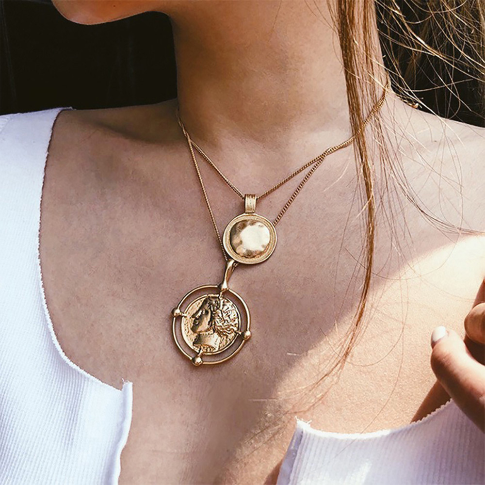 Vintage gold coin necklace with double pendant necklace