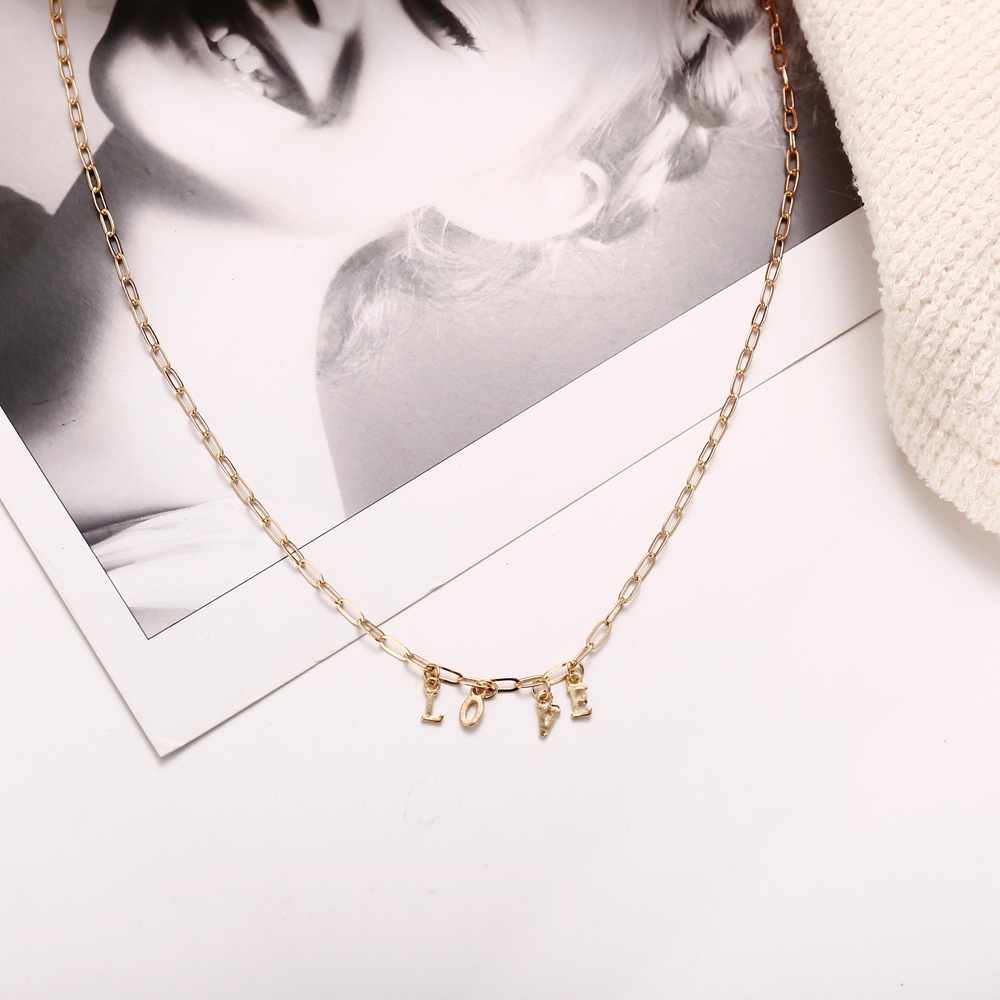 Gold retro letters LOVE pendant necklace collarbone chain