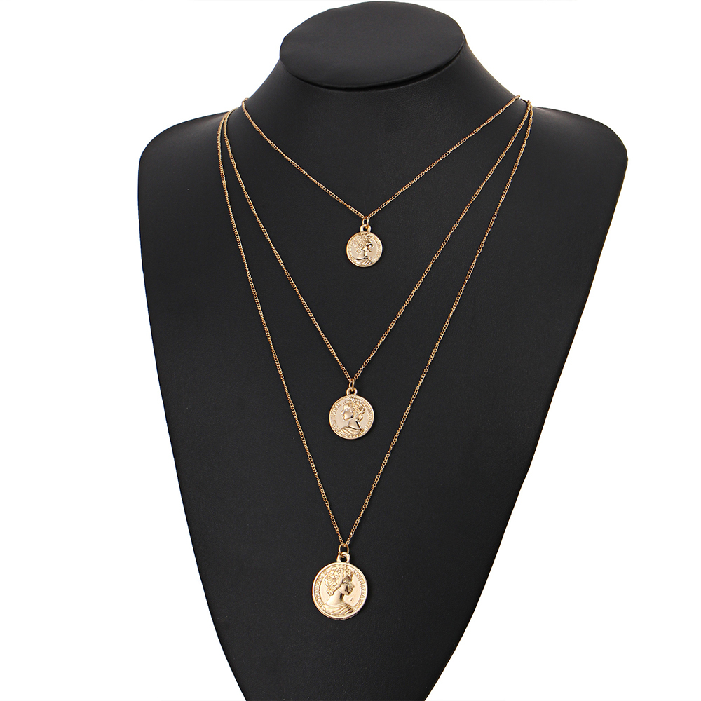 Multi-layer vintage metal necklace, collarbone chain, head coin, three-tier pendant necklace