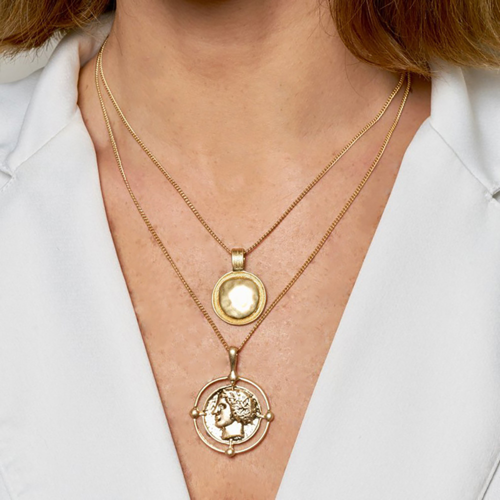 Vintage gold coin necklace with double pendant necklace