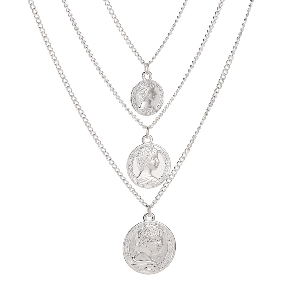 Multi-layer vintage metal necklace, collarbone chain, head coin, three-tier pendant necklace
