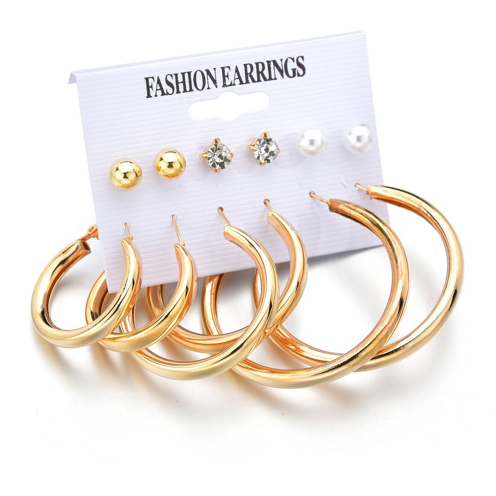 Exaggerated large circle earrings 6 piece stud earring set with pearl and diamond earrings
