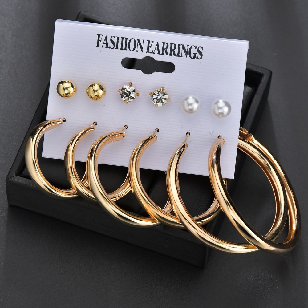 Exaggerated large circle earrings 6 piece stud earring set with pearl and diamond earrings