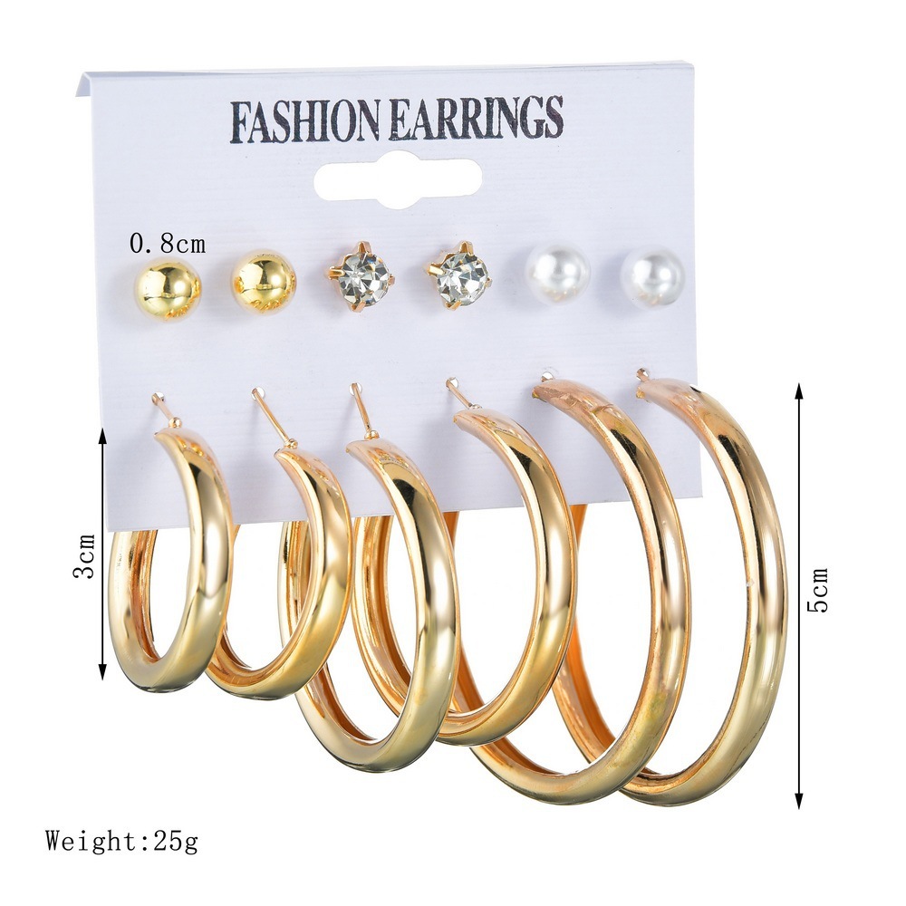 Exaggerated large circle earrings 6 piece stud earring set with pearl and diamond earrings