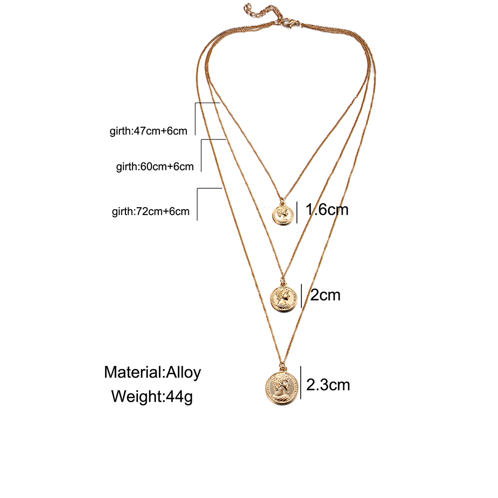 Multi-layer vintage metal necklace, collarbone chain, head coin, three-tier pendant necklace