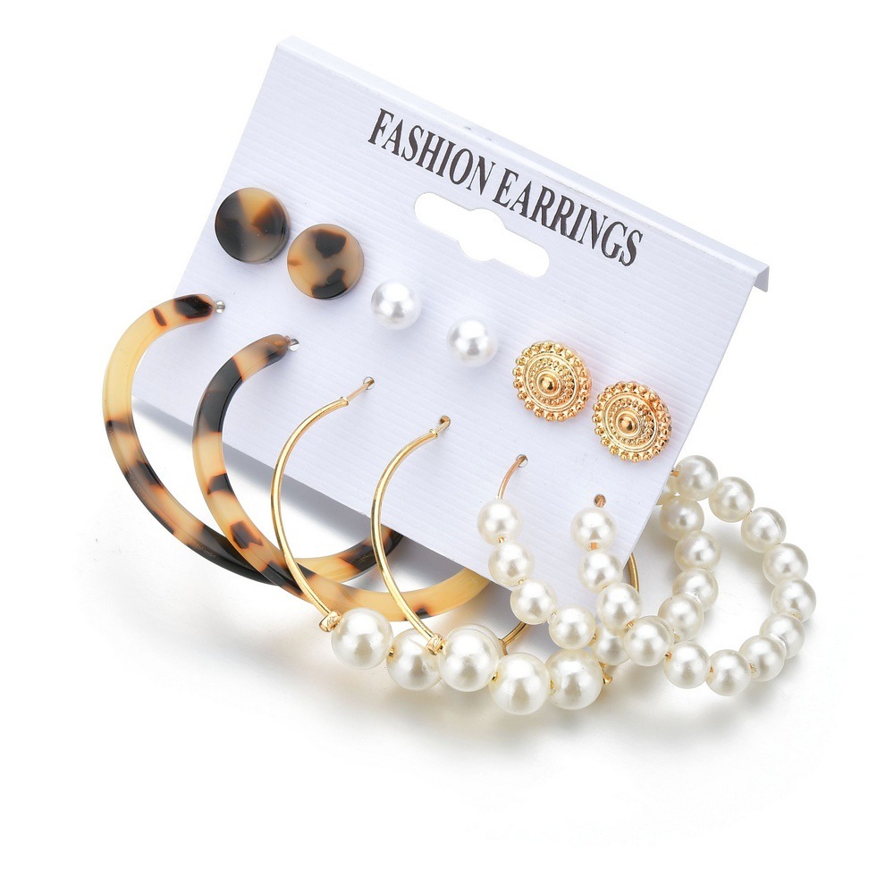 Hand-stitched C-shape acetate plate leopard print combination earrings set