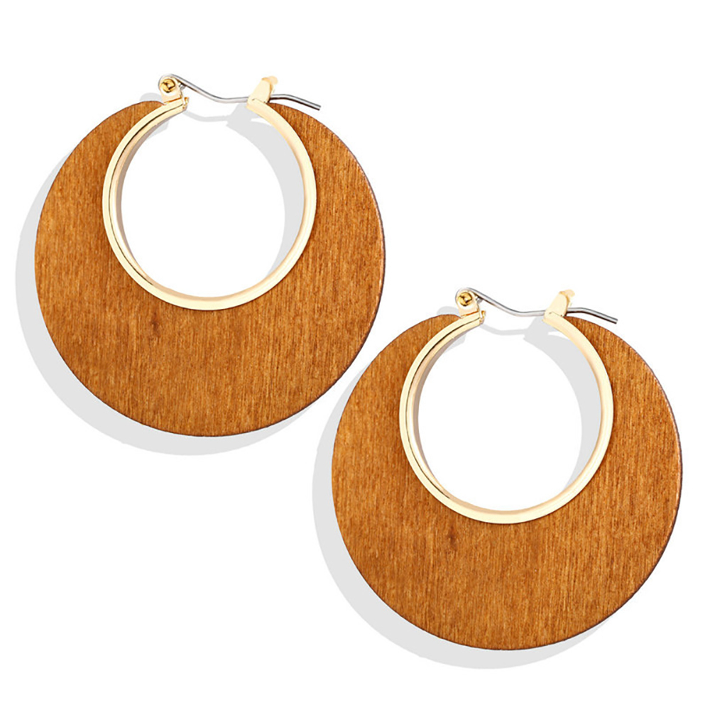 Retro classic solid color geometric C wooden hollow round earrings
