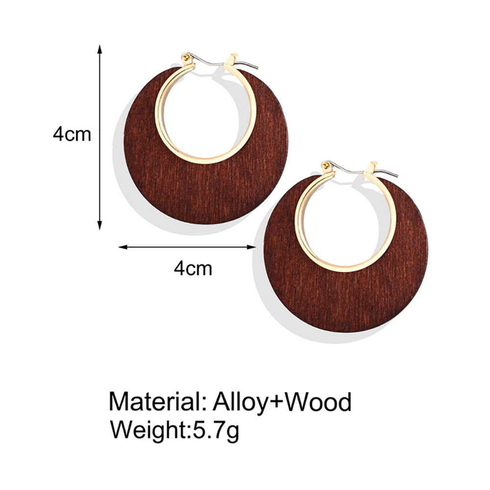 Retro classic solid color geometric C wooden hollow round earrings