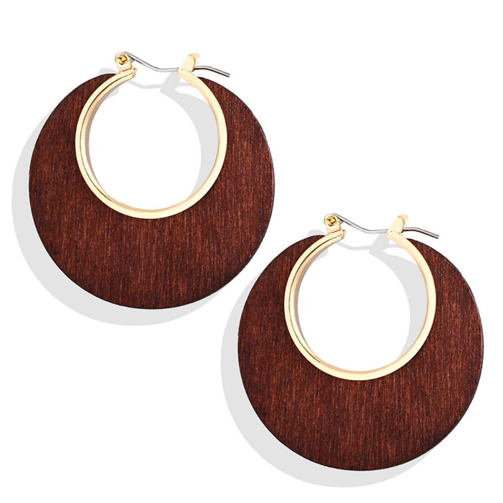 Retro classic solid color geometric C wooden hollow round earrings
