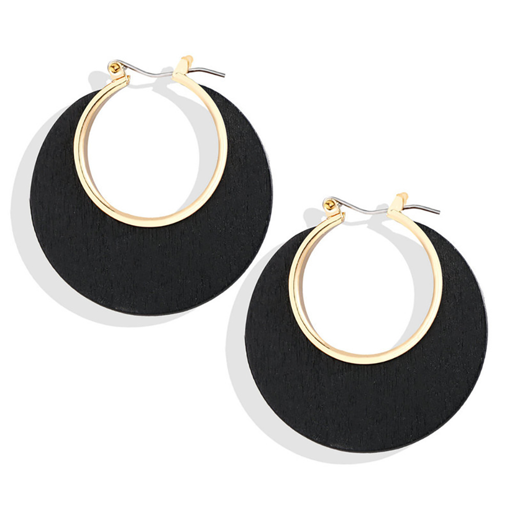 Retro classic solid color geometric C wooden hollow round earrings