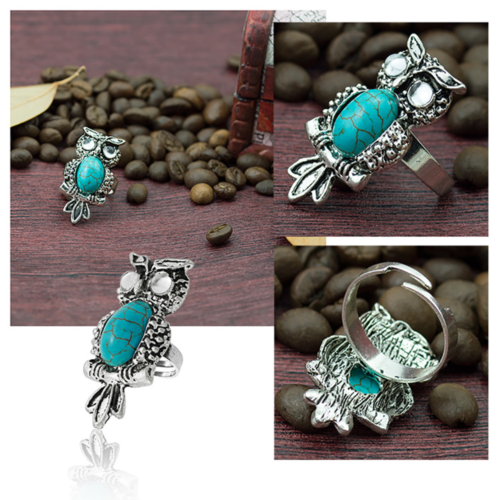 Fashion vintage owl turquoise ring blue rhinestone inlaid finger ring