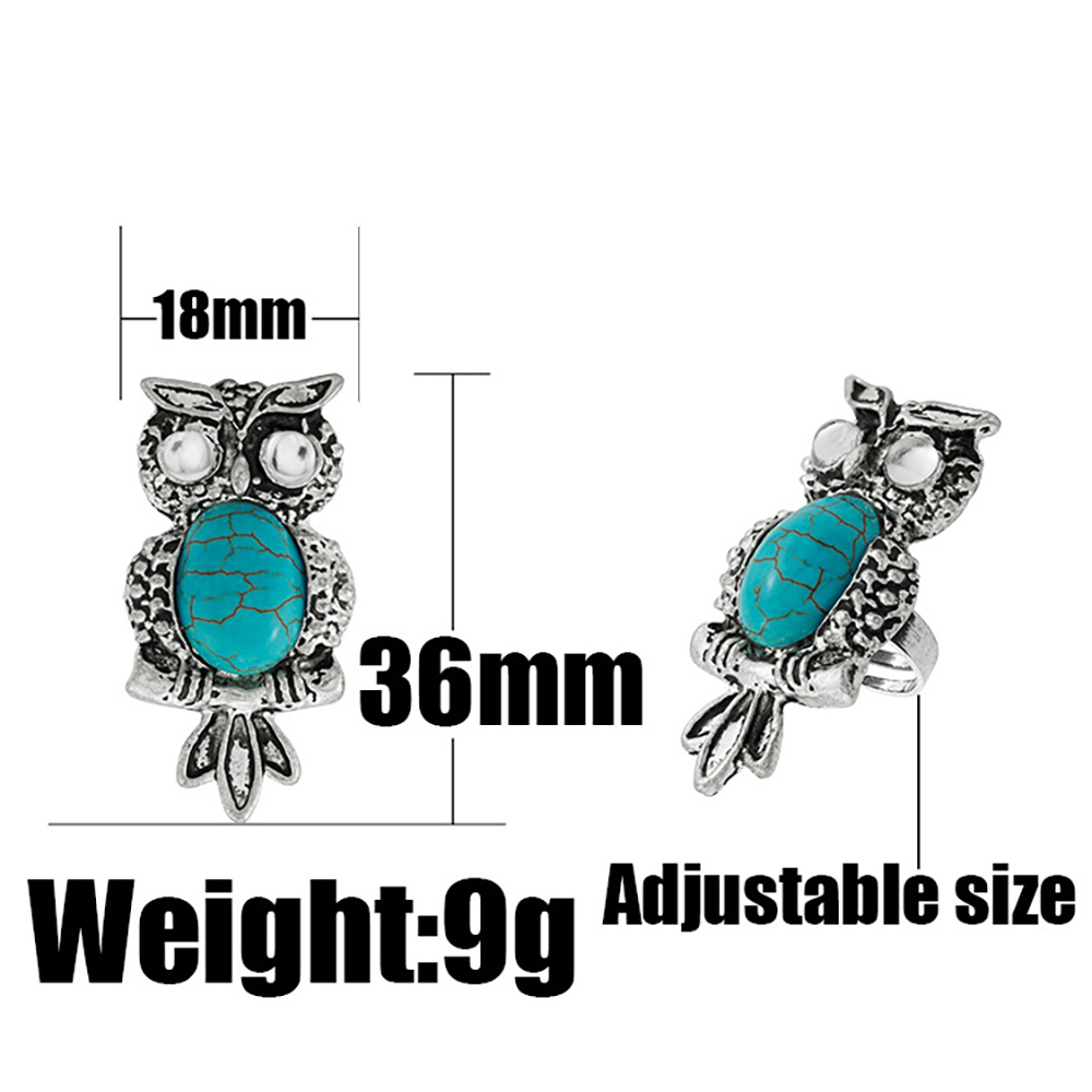 Fashion vintage owl turquoise ring blue rhinestone inlaid finger ring