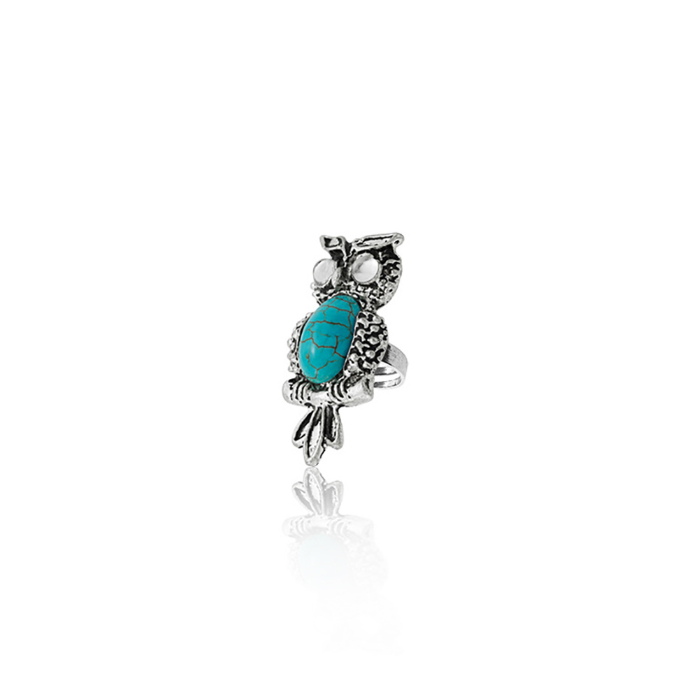Fashion vintage owl turquoise ring blue rhinestone inlaid finger ring