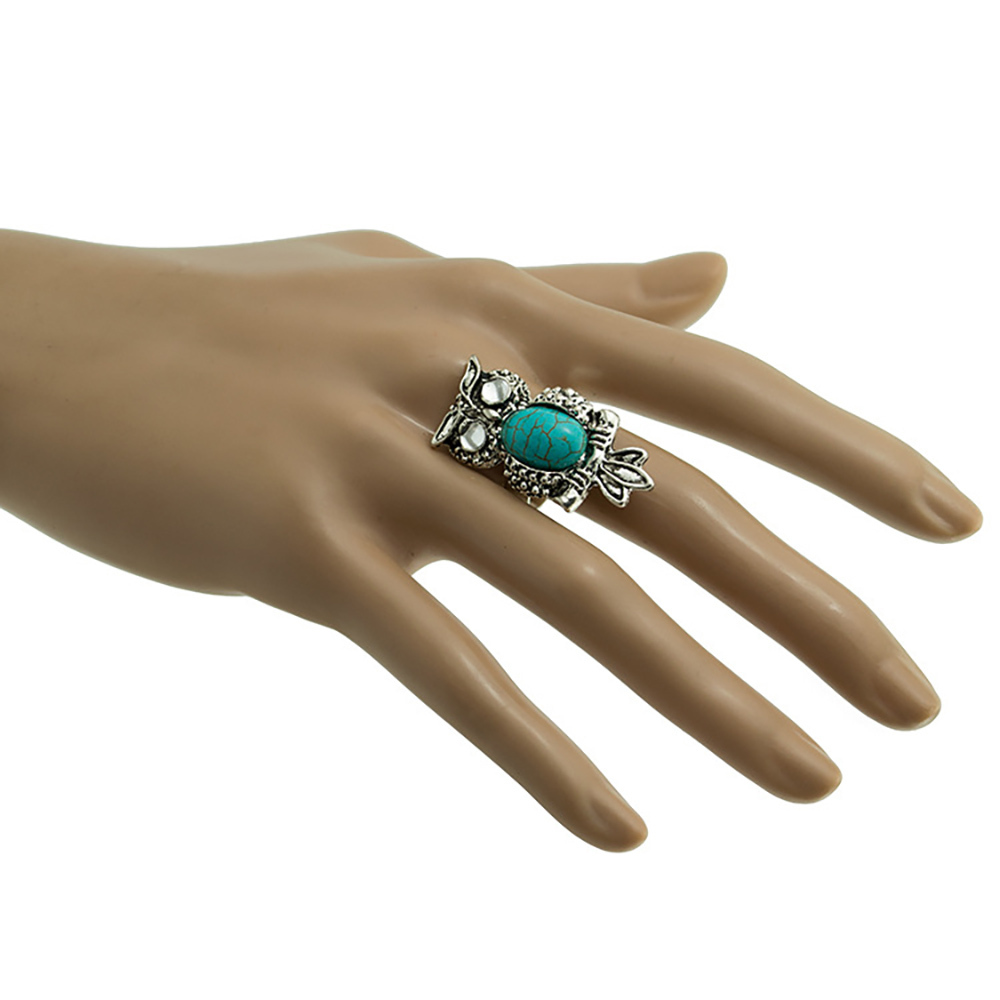 Fashion vintage owl turquoise ring blue rhinestone inlaid finger ring