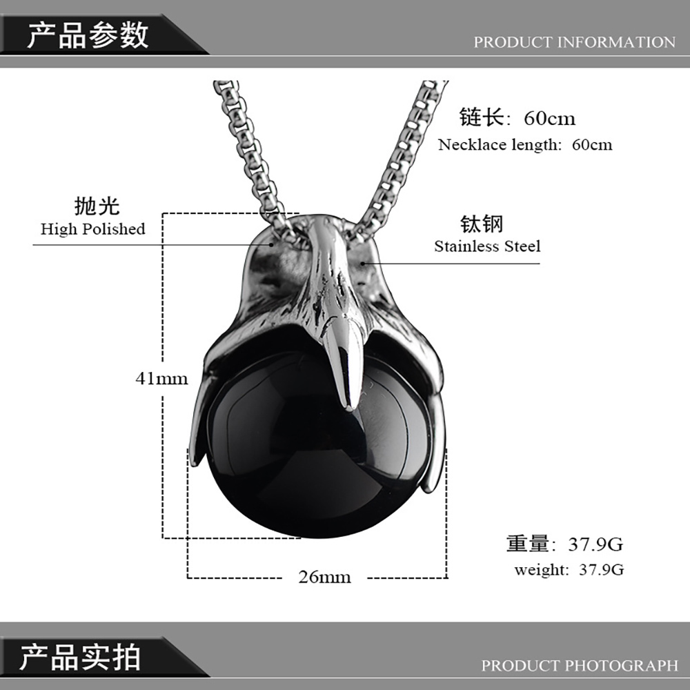 Retro men's titanium steel necklace with five claw inlaid titanium steel pendant necklace with play beads