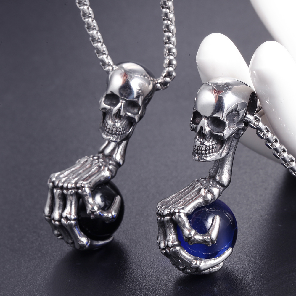 Men's Stainless Steel Vintage Gothic Skull Head Ghost Dragon Claw Ball Pendant Necklace