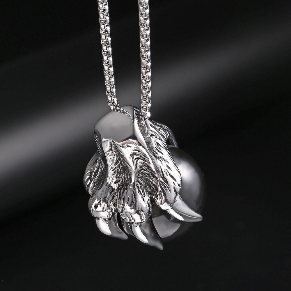 Retro men's titanium steel necklace with five claw inlaid titanium steel pendant necklace with play beads