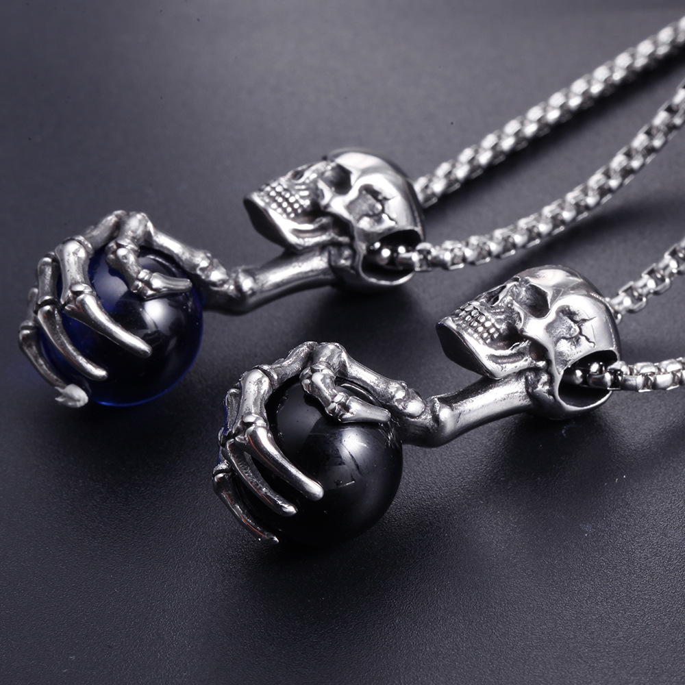 Men's Stainless Steel Vintage Gothic Skull Head Ghost Dragon Claw Ball Pendant Necklace