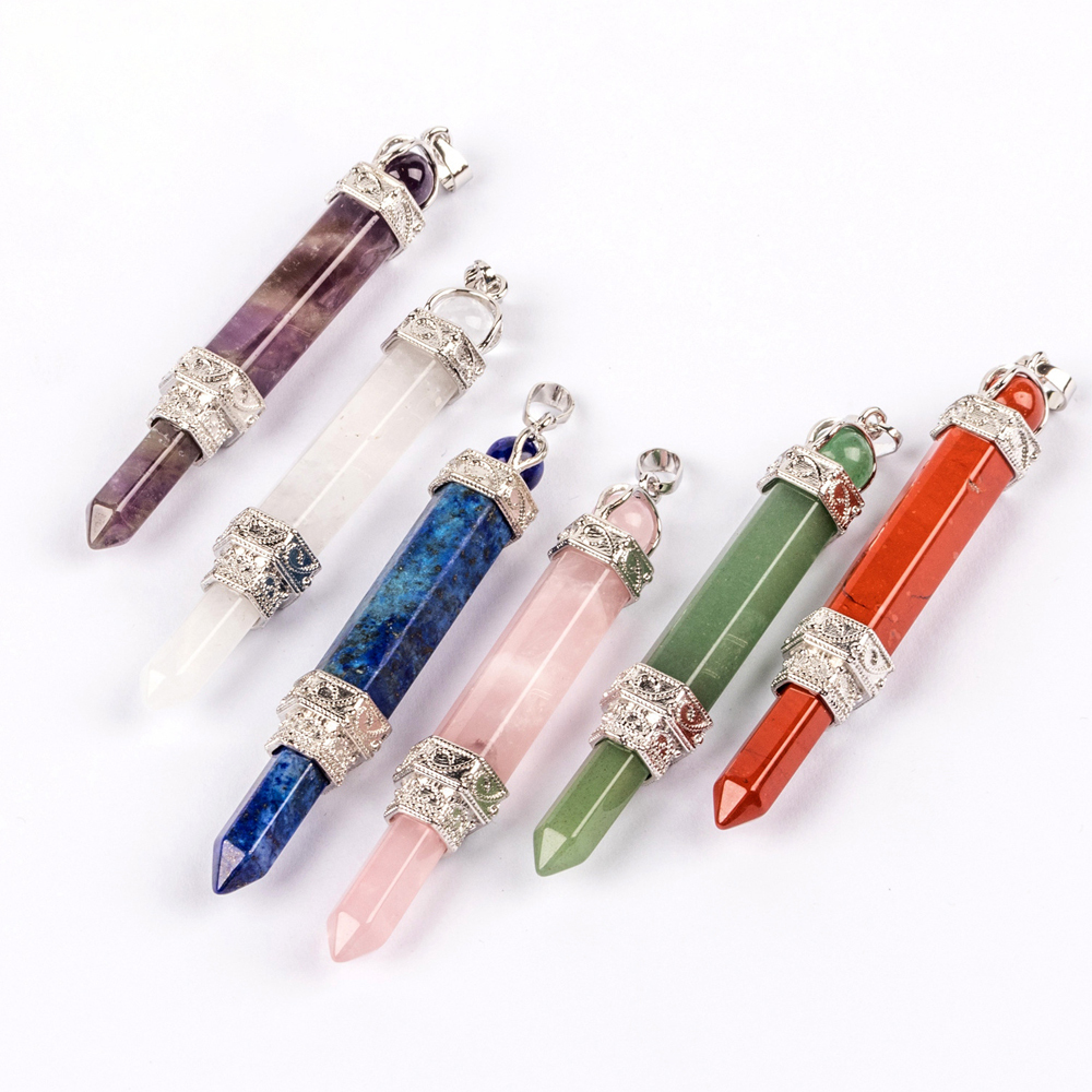 Hexagonal Pillar Gem Mace Pendant is attached to a Double Magician Pillar Crystal Pendant necklace