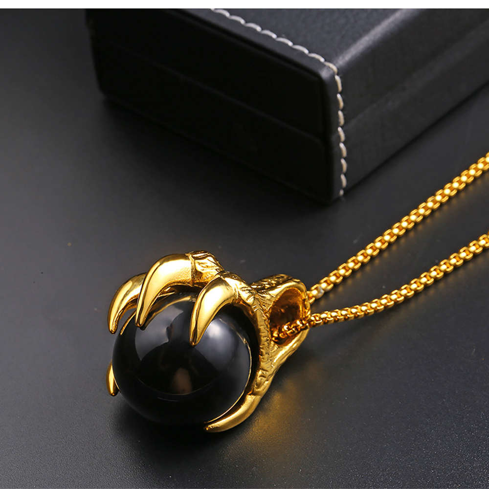 Retro men's titanium steel necklace with five claw inlaid titanium steel pendant necklace with play beads