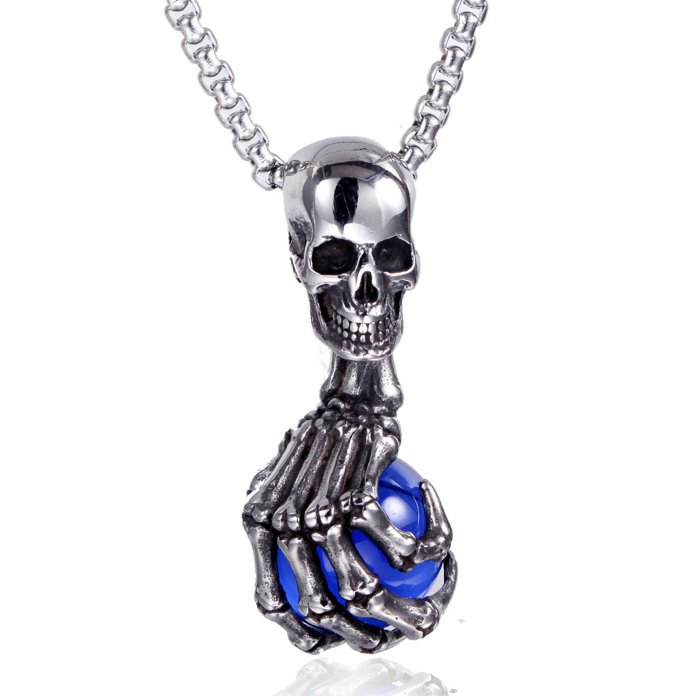 Men's Stainless Steel Vintage Gothic Skull Head Ghost Dragon Claw Ball Pendant Necklace
