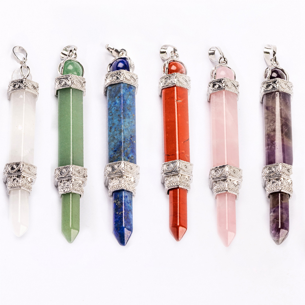 Hexagonal Pillar Gem Mace Pendant is attached to a Double Magician Pillar Crystal Pendant necklace