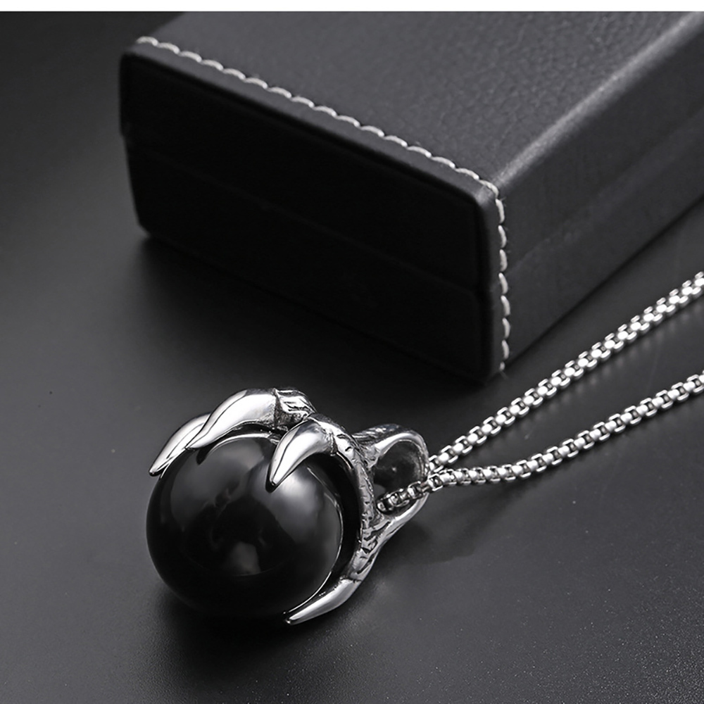 Retro men's titanium steel necklace with five claw inlaid titanium steel pendant necklace with play beads