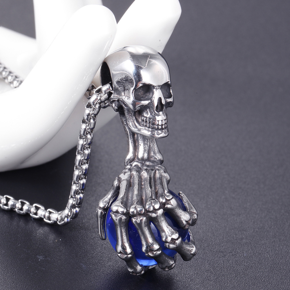 Men's Stainless Steel Vintage Gothic Skull Head Ghost Dragon Claw Ball Pendant Necklace