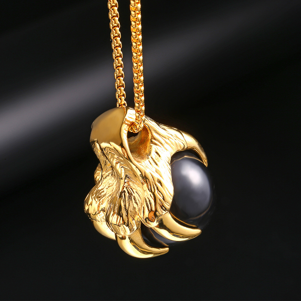 Retro men's titanium steel necklace with five claw inlaid titanium steel pendant necklace with play beads