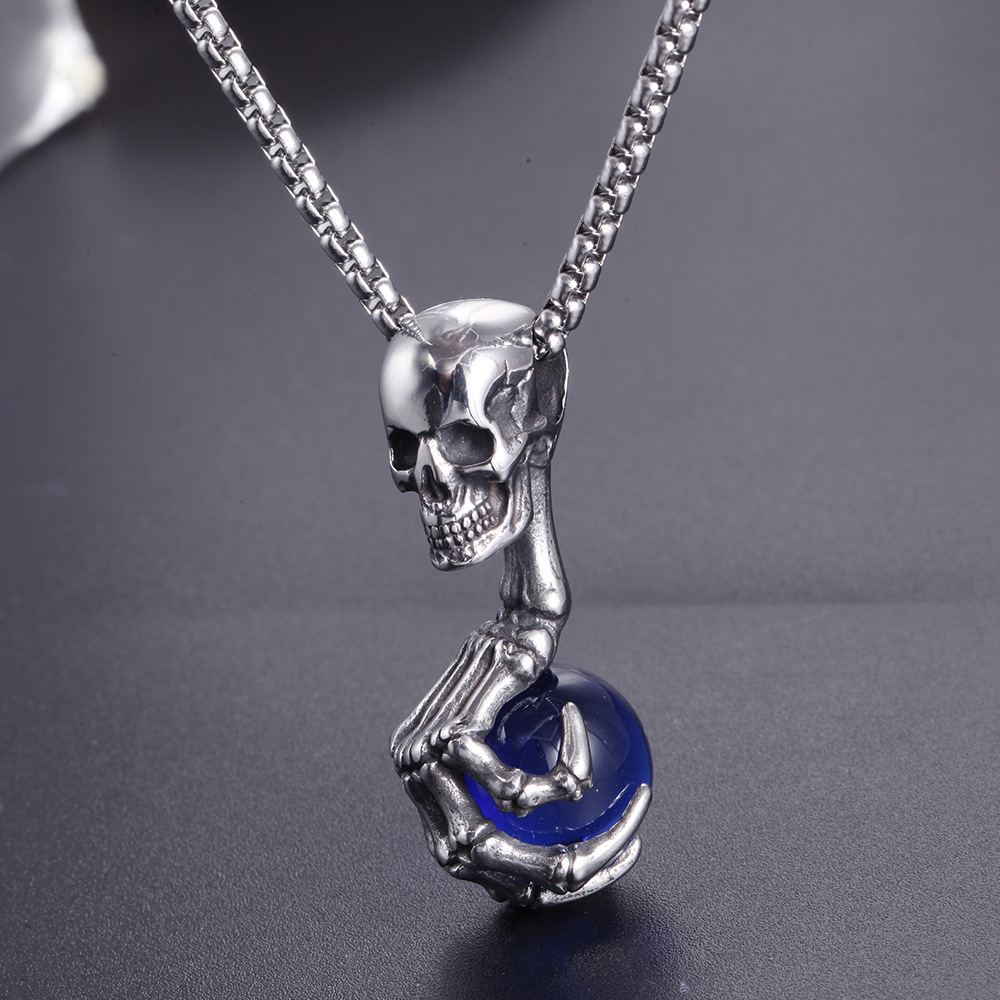 Men's Stainless Steel Vintage Gothic Skull Head Ghost Dragon Claw Ball Pendant Necklace