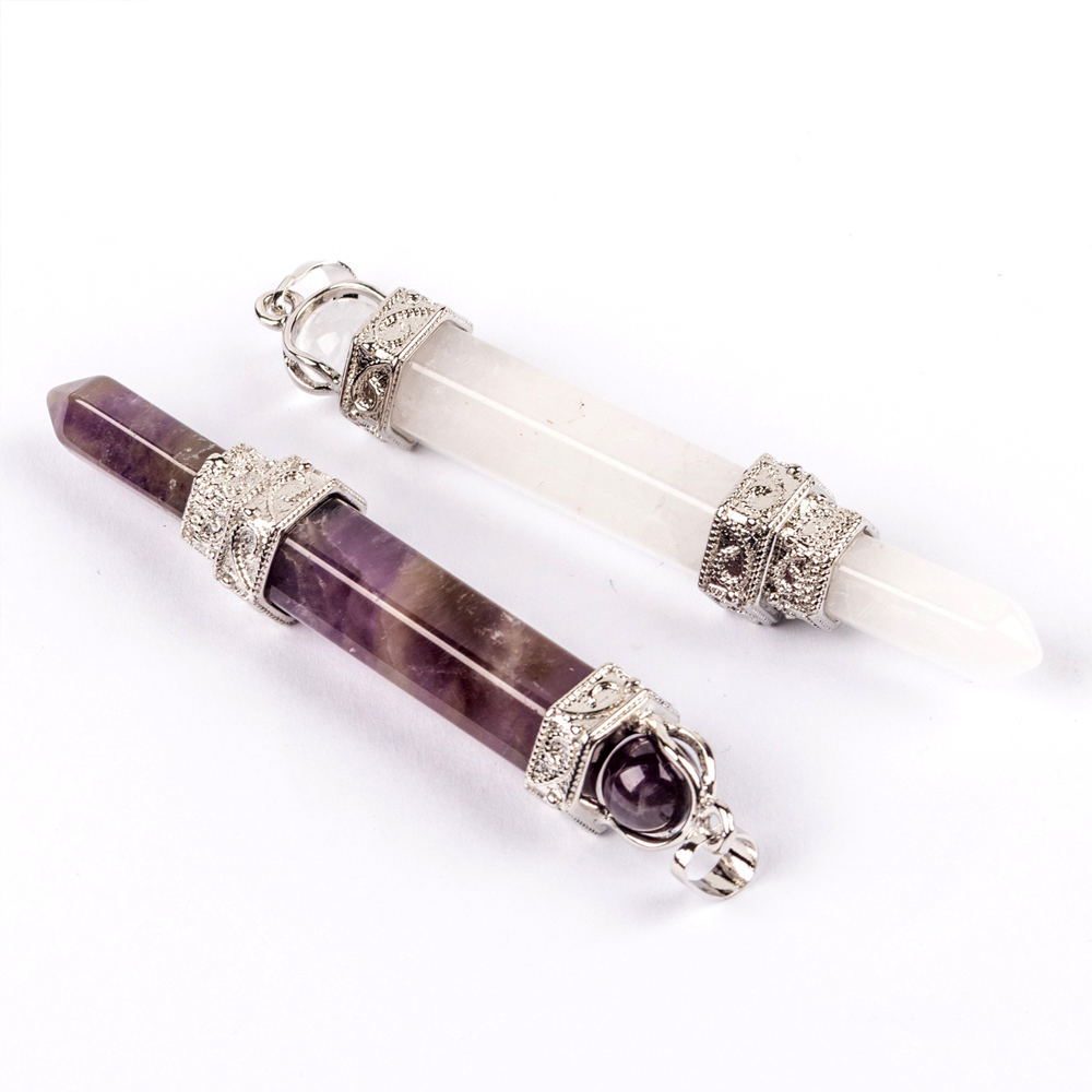 Hexagonal Pillar Gem Mace Pendant is attached to a Double Magician Pillar Crystal Pendant necklace